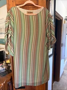 Karen Zambos Green, Cream & Brown Striped Tunic Top